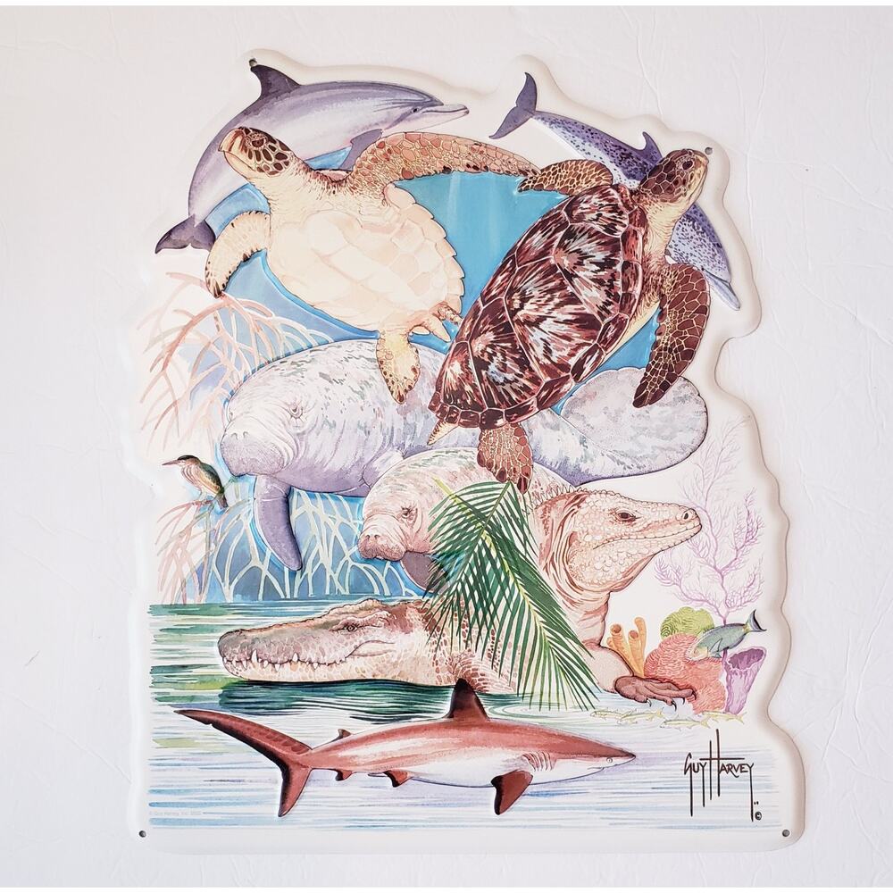 Guy Harvey Sea Turtles Manatees Dolphin Metal Sign Fish Nautical Decor 16" x 14"